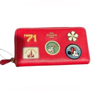Disney X Coach Accordion Zip Wallet Patches Metal Red Leather Mickey Minnie